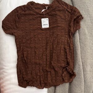 Free People Rich Brown Textured Short Sleeve Top